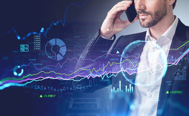 Handsome salesperson at investment bank is contracting with a cl