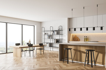 Wooden kitchen room with dining table and chairs, parquet floor