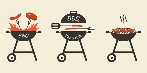 BBQ and grill icon set. Barbecue logo or badge design with fire, meat, steak, sausage, fork and spatula. Vector illustration.