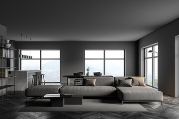 Sofa in kitchen room with bookshelf and eating table with window