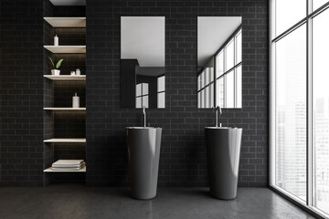 Black brick bathroom with two separate sinks, shelves and window
