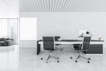 Mockup canvas in white and black office room with furniture and computer