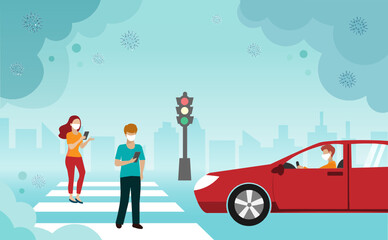 Pedestrians wearing face mask across street at Zebra crossing with air pollution from PM 2.5 and covid-19 coronavirus pandemic. Idea for people lifestyle in big city with toxic air quality.