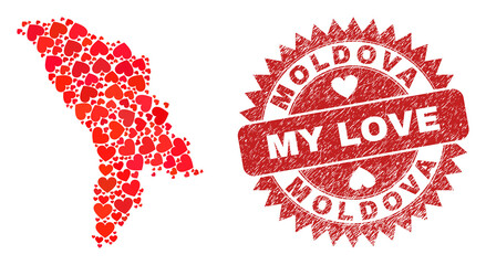 Vector mosaic Moldova map of love heart items and grunge My Love stamp. Mosaic geographic Moldova map constructed with valentine hearts.