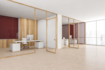 Fototapeta na wymiar Office room with private consulting rooms behind doors, beige floor and window