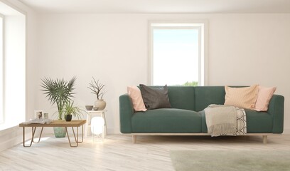 White living room with sofa. Scandinavian interior design. 3D illustration