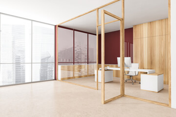 Office room with private consulting rooms behind doors, beige floor and window