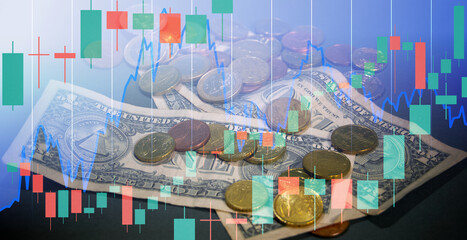 Double exposure of candlestick chart and rows of Euro coins and Dollar bills for finance and business concept