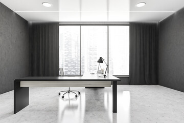 Grey and white office room with table and computer on marble floor