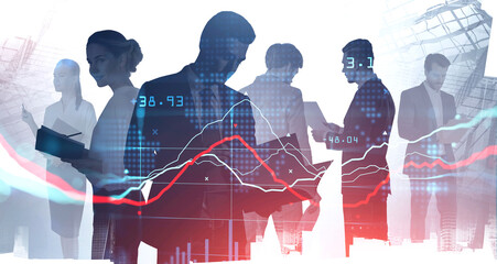Silhouettes of business people working and researching the analytics to predict financial charts...