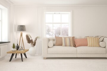 White living room with sofa and winter landscape in window. Scandinavian interior design. 3D illustration