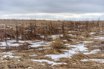 Prairie restoration area with patchy snow on an overcast day in winter