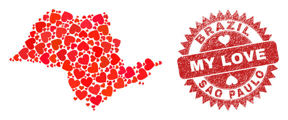 Vector collage Sao Paulo State map of love heart items and grunge My Love stamp. Collage geographic Sao Paulo State map designed with love hearts.