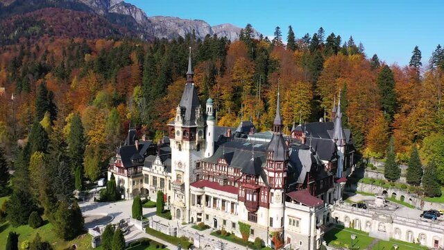 Peles castle in autumn. Sinaia, Prahova county, Romania.