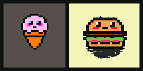 Pixel ice cream, Burger. Seamless abstract pattern in pixel game style. With dice. Textiles, print, t-shirts, web, 8 bit