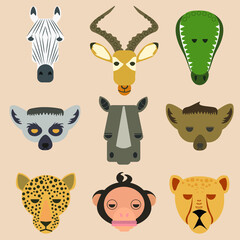 Obraz premium Set of African animals. Zebra, antelope, crocodile, hyena, rhinoceros, cheetah, monkey. Vector