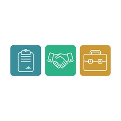 Business flat vector icons set. Handshake, document, suitcase vector icons