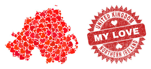 Vector collage Northern Ireland map of valentine heart items and grunge My Love badge. Collage geographic Northern Ireland map designed with valentine hearts.