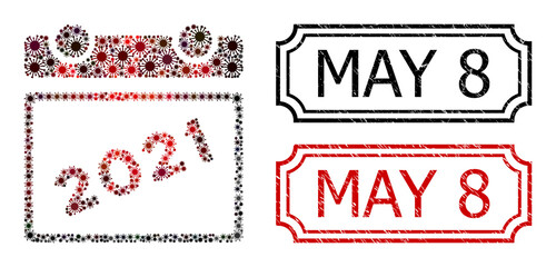 Obraz premium Mosaic 2021 calendar leaf organized from flu virus elements, and grunge May 8 rectangle badges with notches.