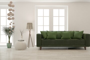 White living room with sofa. Scandinavian interior design. 3D illustration