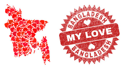 Vector mosaic Bangladesh map of love heart elements and grunge My Love badge. Mosaic geographic Bangladesh map constructed with valentine hearts.