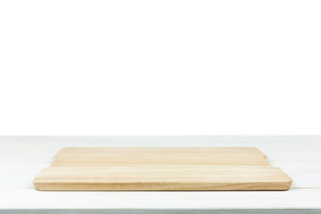 Cooking template - wooden white table with empty cutting board isolated on white.