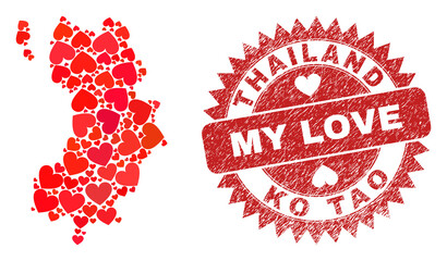 Vector collage Ko Tao map of valentine heart elements and grunge My Love stamp. Collage geographic Ko Tao map constructed with lovely hearts.