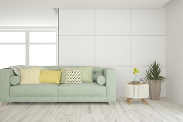 Modern living room in white color with sofa. Scandinavian interior design. 3D illustration