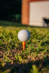 tee stand on grass hole tee and golf ball at sunset