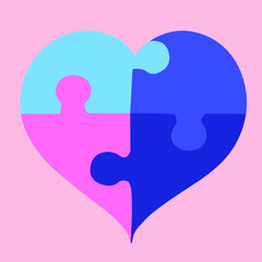 Heart, puzzle icon. Vector illustration, flat design. Colors-blue and pink