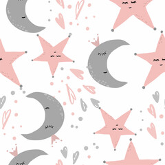Stars Pattern Moon Pattern Gray Pattern Pink Pattern Pink Background Baby Pattern Baby Pattern Textile Pattern Fabric Seamless Background