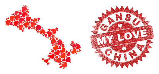 Vector mosaic Gansu Province map of lovely heart items and grunge My Love stamp. Mosaic geographic Gansu Province map designed using love hearts.