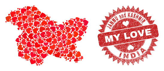 Vector collage Jammu and Kashmir State map of lovely heart elements and grunge My Love stamp. Collage geographic Jammu and Kashmir State map created with love hearts.