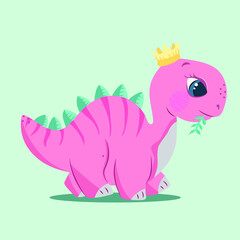 Hello Princess. Cute Simple Dino Illustration. Simple Nursery Art for Baby Girl. Print with Pink Dinosaur Princess