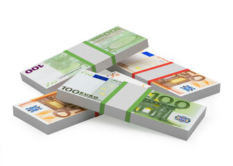 Heap of bundles of various euro bills isolated on white. 3d illustration 