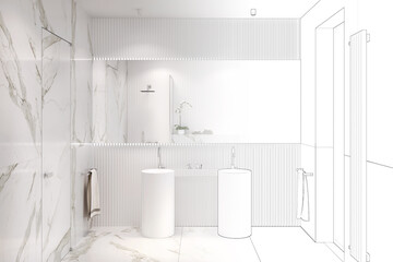 The sketch becomes a real White bathroom with large rectangular mirror above two freestanding washbasins, shelf for bathroom accessories, towels, marble floor and walls, window, and door. 3d render