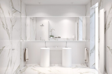White bathroom with large rectangular mirror above two freestanding washbasins, shelf for bathroom accessories, towels, marble floor and walls, window and door, spotlights on the ceiling. 3d render
