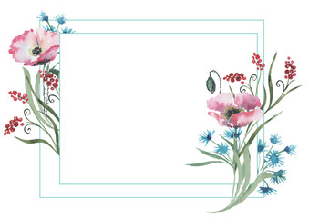 Composition of bouquets of wildflowers, buds, green twigs and red berries on a white background with a rectangular frame. Cards, business cards, wedding invitations, banners, menus, covers. Watercolor