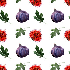 Seamless pattern purple figs whole fruit and slices with green leaves on a white background. Watercolor.