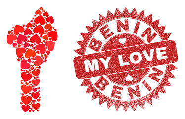 Vector collage Benin map of valentine heart elements and grunge My Love badge. Collage geographic Benin map constructed with valentine hearts.