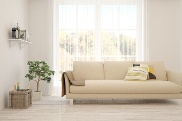 White living room with sofa. Scandinavian interior design. 3D illustration