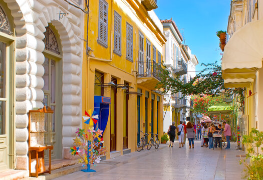 The colorful buildings in Vasileos Konstantinou street, Nafplio, Greece