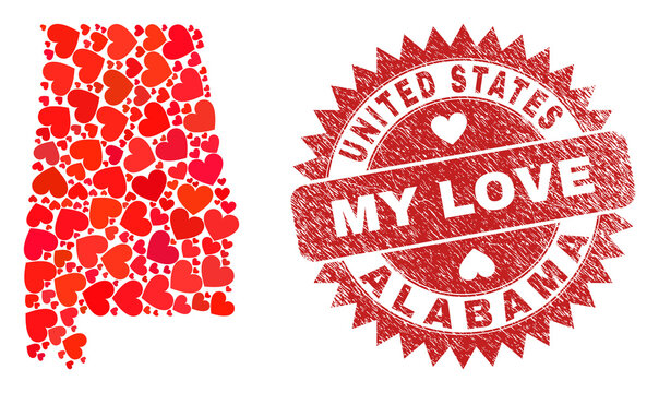 Vector collage Alabama State map of lovely heart elements and grunge My Love seal stamp. Mosaic geographic Alabama State map constructed with lovely hearts.