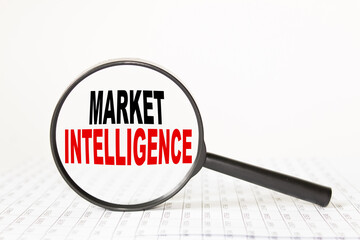 words MARKET INTELLIGENCE in a magnifying glass on a white background. business concept