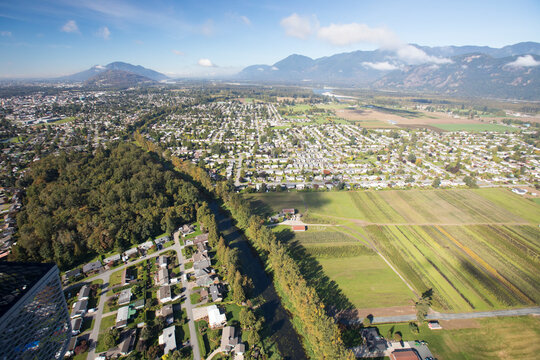 Aerial view of residential and agricultural ares in Chilliwack, B.C.