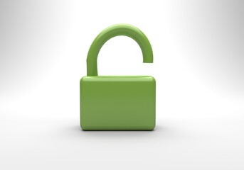 Unlock Padlock 3d green icon on clean isolated green background. Minimalist style concept for business, finance and corporate.
