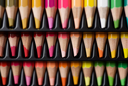 Watercolor pencils lined up in a black plastic box.