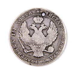 Old silver coin of Russian Empire one ruble on white background