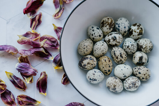 Easter food photo with quail eggs on a marble table eco farm products