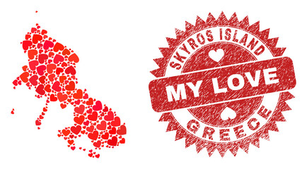 Vector mosaic Skyros Island map of love heart elements and grunge My Love seal. Mosaic geographic Skyros Island map designed with valentine hearts.